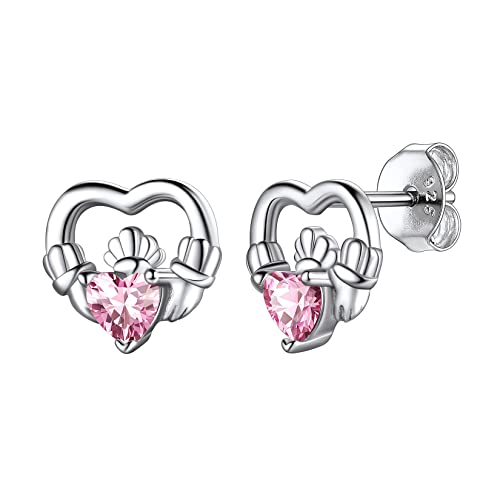 Suplight Ohrringe für Damen S925 Sterling Silber Nickelfrei Mondstein Ohrstecker Herzförmige Zirkon Irischer Claddagh Earrings mit Geburtsstein Oktober Synthetischer rosa Turmalin von Suplight