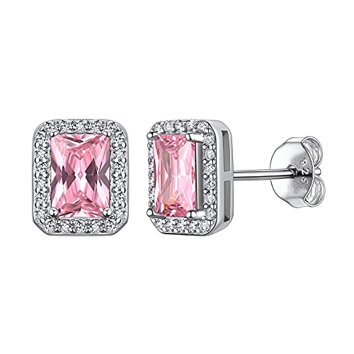 Suplight Ohrringe für Damen aus 925 Sterling Silber Kristall Ohrringe mit Geburtsstein Oktober in Quadratschnittform Zirkonia Ohr Piercing Rosenquarz Ohrschmuck für Freundin Mädchen von Suplight