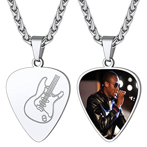 Suplight Plektrum Kette personalisiert Plektron Anhänger Edelstahl Guitar Pick Necklace Gitarren Geschenke mit Fotogravur Silber Geschenke für Gitarristen Musikliebhaber Rocker Rapper von Suplight