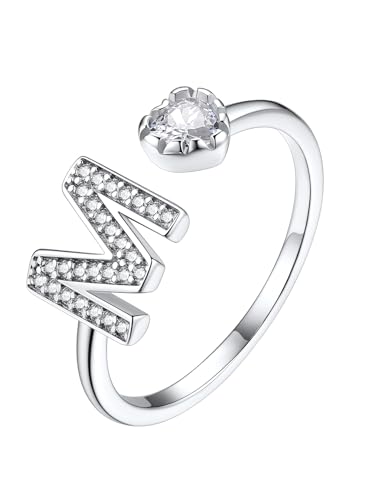 Suplight Ring Silber 925 Damen Verstellbar Buchstaben M Ring Glänzender Zirkon Damenring Schmuck Geschenk für Geburtstag Geburtstag Muttertag von Suplight