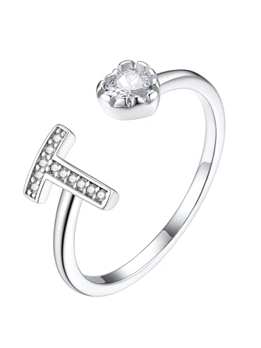 Suplight Ring Silber 925 Damen Verstellbar Buchstaben T Ring Glänzender Zirkon Damenring Schmuck Geschenk für Geburtstag Muttertag von Suplight