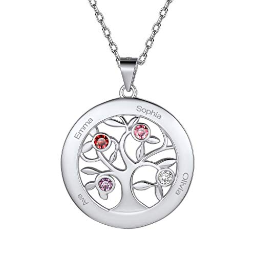 Suplight Runde Anhänger personalisiert mit Geburtsstein 925 Sterling Silber Familien Kette mit Baum des Lebens Anhänger Namen Gravur 46+5cm Rolokette einzigartiges Geschenk für Freundschaft von Suplight