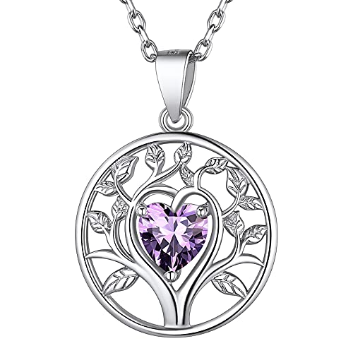 Suplight S925 Sterling Silber Lebensbaum Halskette 6mm breit herzförmig Mondstein Anhänger verstellbare Kette Länge 40-45cm Februar Synthetischer Amethyst Zirkon Anhänger von Suplight