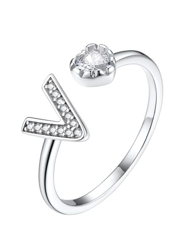 Suplight Silber Ring mit V Verstellbar Initial Ring mit Zirkonia Offener Ring Silber 925 Stein Alphabet Fingerring Schmuck Geschenk für Damen Frauen Mädchen von Suplight