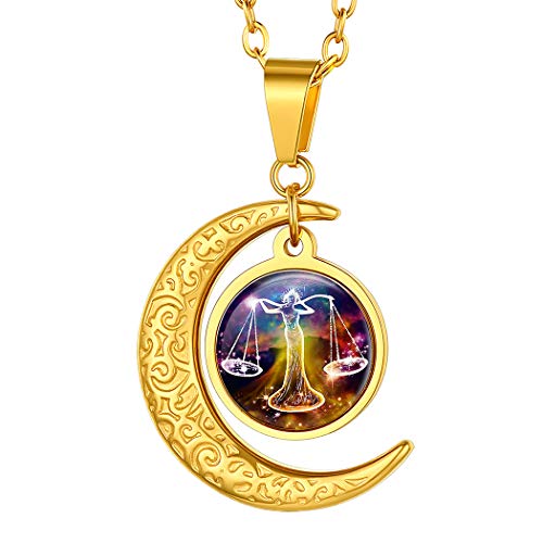 Suplight Sternzeichen Anhänger Halskette für Damen Mädchen 18k vergoldet Halbmond mit Horoskop Symbol Waage Sternbilder Horoskop Modeschmuck für Weihnachten Gerburtstag von Suplight