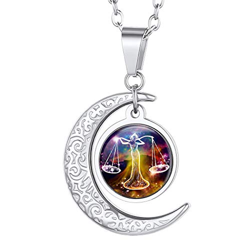 Suplight Sternzeichen Anhänger Halskette für Damen Mädchen Edelstahl Halbmond mit Horoskop Symbol Waage Sternbilder Horoskop Modeschmuck für Weihnachten Gerburtstag von Suplight