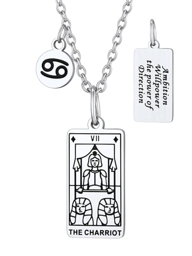 Suplight Tarot Charm Edelstahl Anhänger Der Wagen Kette Rechteck Charms Glück Amulett Charms mit Sternzeichen Krebs Damen Herren Schmuck Zubehör, Silber von Suplight
