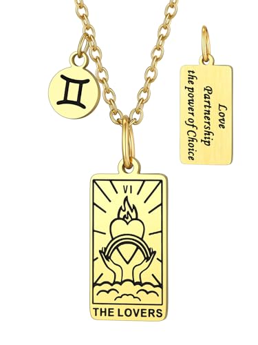 Suplight Tarot Karte Anhänger Damen Herren Tarot Card Pendants Die Liebenden Halskette Edelstahl Rectangle Amulett Anhänger Zwillinge Schmuck Zubehör, Gold, 45 + 5cm Kettenlänge von Suplight