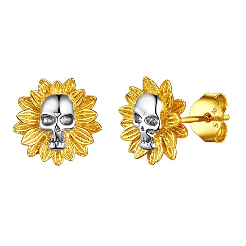 Suplight Totenkopf Ohrringe Silber 925 mit Sonnenblume Wikinger Ohrstecker für Herren Jungen Punk Gotischer Ohrschmuck Set Geschenke für Männer Frauen von Suplight