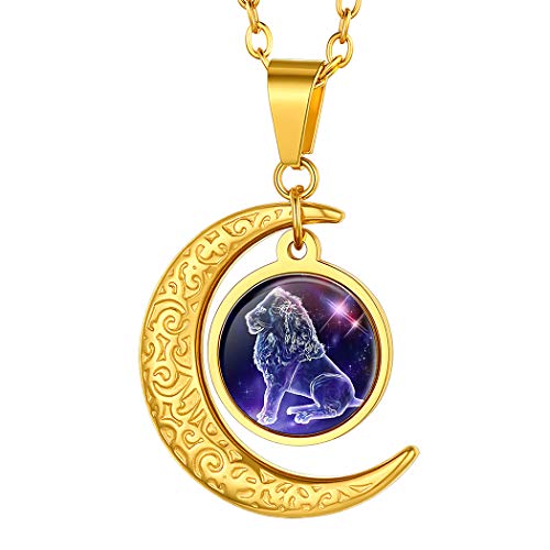Suplight Unisex Collier Sternzeichen Löwe Halskette Damen Horoskop Sternbilder Halbmond Anhänger 50+5cm 18k vergoldet Rolokette Tierkreis Modeschmuck für Männer Frauen von Suplight