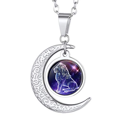 Suplight Unisex Collier Sternzeichen Löwe Halskette Damen Horoskop Sternbilder Halbmond Anhänger 50+5cm Edelstahl Rolokette Tierkreis Modeschmuck für Männer Frauen von Suplight