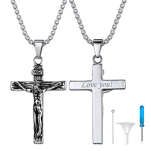 Suplight Urne Kette Edelstahl personalisiert INRI Kruzifix Kreuz Anhänger mit Rolokette Gedenk Asche Kremation Accessoire Modeschmuck Memorial Erinnerung an Verwandte Haustier von Suplight