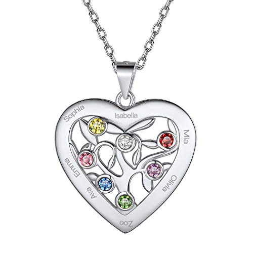 Suplight personalisiert Baum des Lebens Kette Silber 925 Geburtssteinkette Namenskette Familienkette mit Herzanhänger Parterschaft Freundschaft Schmuck einzigartiges Geschenk für Geburtstag von Suplight