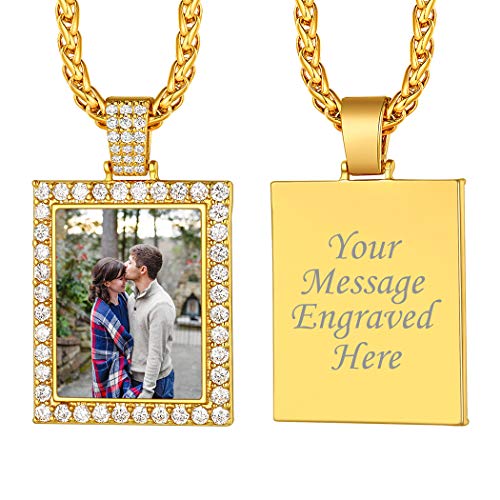 Suplight personalisiert Fotokette Herren Zirkonia Rechteck Anhänger Halskette 18k vergoldet Foto Anhänger mit 76+5cm Weizenkette Modeschmuck für Weihnachten Valentinstag von Suplight