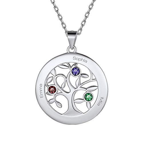 Suplight personalisierte Familienkette mit Geburtsstein 925er Silber Baum des Lebens Anhänger Halskette Namen Gravur Runde Anhänger mit Rolokette Partnerschaft Freundschaft Schmuck tolles Geschenk von Suplight