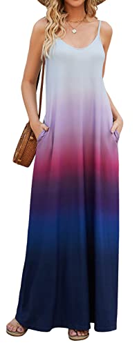 Supnier Damen Sommer Maxikleid Casual V-Ausschnitt Ärmellos Bohemian Spaghettiträger Floral Lang Maxikleid mit Taschen, Farbverlauf Navy, X-Groß von Supnier