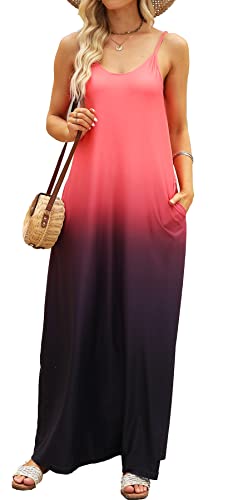 Supnier Damen Sommer Maxikleid Casual V-Ausschnitt Ärmellos Bohemian Spaghettiträger Floral Lang Maxikleid mit Taschen, Rot, schwarz, X-Groß von Supnier