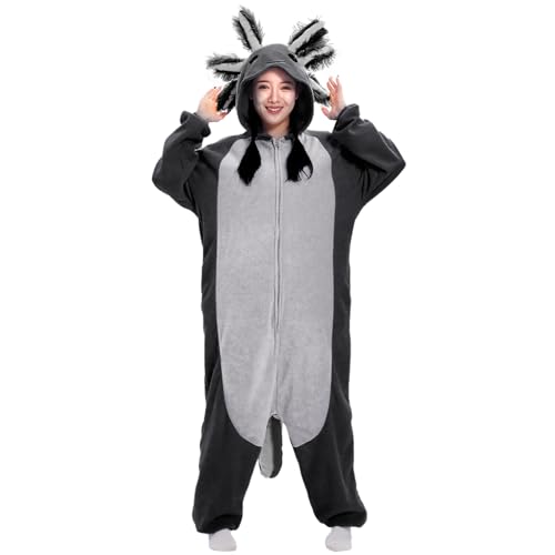 Supodon Axolotl Jumpsuit Erwachsene Kostüm Pyjama Unisex Cosplay Tier Nachtwäsche Halloween Overall Geschenke für Männer und Frauen, Schwarz , Medium von Supodon