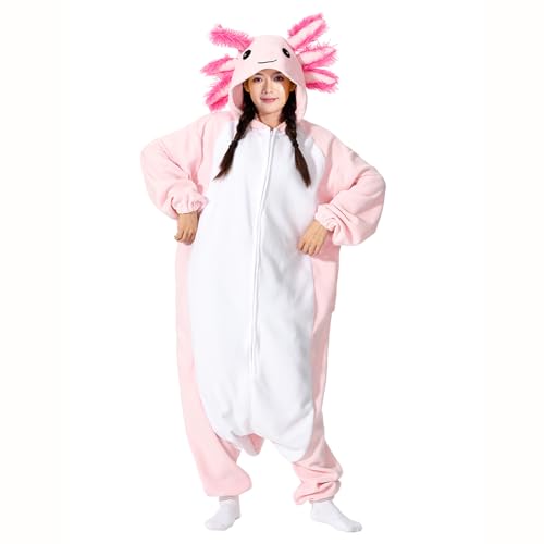 Supodon Axolotl Kostüm Erwachsene Onesies Uni Pyjama Cosplay Tier Plüsch Homewear Halloween Jumpsuit für Männer Frauen, Pink, Small von Supodon