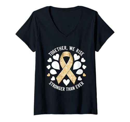 Damen We Rise Stronger Goldband Kindheitskrebs-Bewusstsein T-Shirt mit V-Ausschnitt Damen We Rise Stronger Goldband Kindheitskrebs-Bewusstsein T-Shirt mit V-Ausschnitt von Support Childhood Awareness