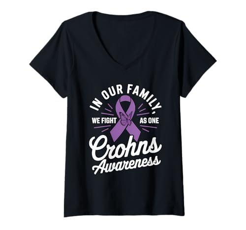 Damen Crohns Awareness Family Wir kämpfen wie ein lila Band T-Shirt mit V-Ausschnitt Damen Crohns Awareness Family Wir kämpfen wie ein lila Band T-Shirt mit V-Ausschnitt von Support Crohn's Disease Awareness Month
