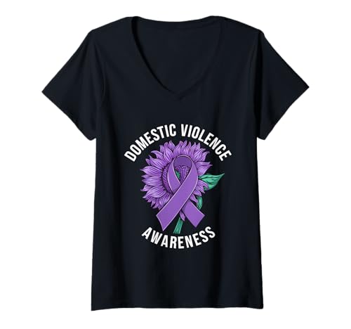 Damen Sonnenblume mit violettem Band für häusliche Gewalt T-Shirt mit V-Ausschnitt Damen Sonnenblume mit violettem Band für häusliche Gewalt T-Shirt mit V-Ausschnitt von Support Domestic Violence Awareness Month