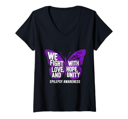Damen Epilepsie-Bewusstsein Love Hope Unity Schmetterling lila Band T-Shirt mit V-Ausschnitt Damen Epilepsie-Bewusstsein Love Hope Unity Schmetterling lila Band T-Shirt mit V-Ausschnitt von Support Epilepsy Awareness Month