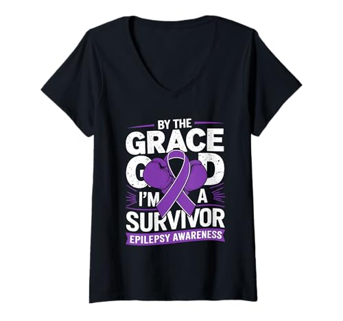 Damen Epilepsie-Bewusstseinsmonat, Violettes Band I'm A Survivor T-Shirt mit V-Ausschnitt von Support Epilepsy Awareness Month