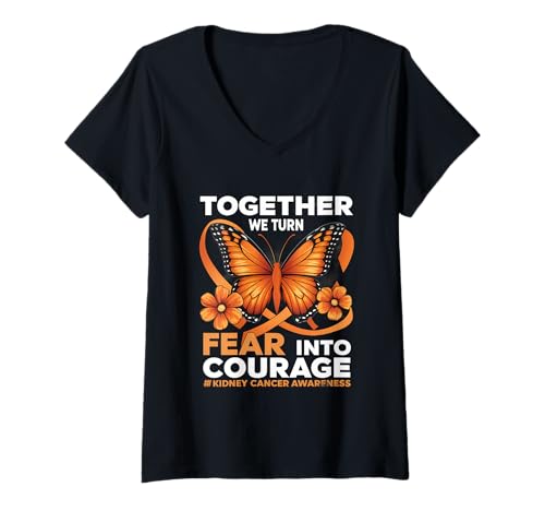 Damen Nierenkrebs-Bewusstseinsband, orangefarbenes Band, Angst in Mut T-Shirt mit V-Ausschnitt Damen Nierenkrebs-Bewusstseinsband, orangefarbenes Band, Angst in Mut T-Shirt mit V-Ausschnitt von Support Kidney Cancer Awareness Month
