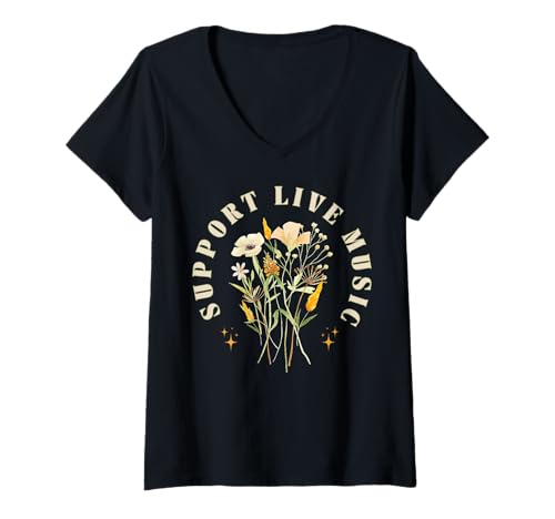 Damen Unterstützen Sie Live-Musik, Lehrer für Blumenmusik, Musiker, Bandliebhaber T-Shirt mit V-Ausschnitt Damen Unterstützen Sie Live-Musik, Lehrer für Blumenmusik, Musiker, Bandliebhaber T-Shirt mit V-Ausschnitt von Support Live Music Musician Band Music Lover