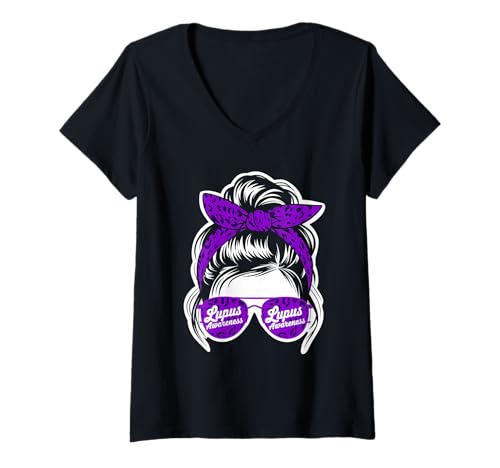 Damen Lupus Awareness Haarbrötchen mit Leopardenmuster, lila T-Shirt mit V-Ausschnitt Damen Lupus Awareness Haarbrötchen mit Leopardenmuster, lila T-Shirt mit V-Ausschnitt von Support Lupus Awareness Month