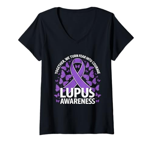 Damen Lupusbewusstsein Wir verwandeln Angst in Mut Violettes Band T-Shirt mit V-Ausschnitt Damen Lupusbewusstsein Wir verwandeln Angst in Mut Violettes Band T-Shirt mit V-Ausschnitt von Support Lupus Awareness Month