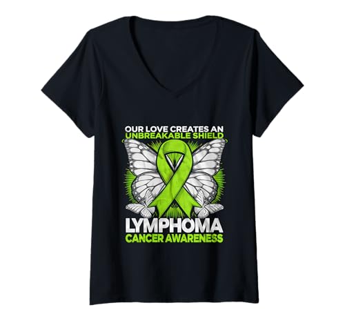 Damen Lymphomkrebs-Bewusstseinsschild mit grünem Band, unzerbrechlich T-Shirt mit V-Ausschnitt Damen Lymphomkrebs-Bewusstseinsschild mit grünem Band, unzerbrechlich T-Shirt mit V-Ausschnitt von Support Lymphoma Cancer Awareness Month