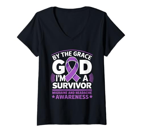 Damen I'm A Survivor Purple Ribbon Migräne Kopfschmerzen Bewusstsein T-Shirt mit V-Ausschnitt Damen I'm A Survivor Purple Ribbon Migräne Kopfschmerzen Bewusstsein T-Shirt mit V-Ausschnitt von Support Migraine Awareness Month