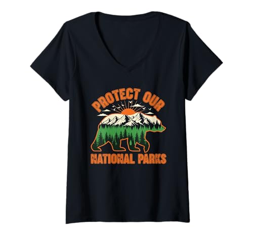 Damen Schützen Sie unsere Nationalparks Widerstehen Sie der Unterstützung der Natur, Bärenliebhaber T-Shirt mit V-Ausschnitt von Support National Parks Wildlife Vintage Apparel