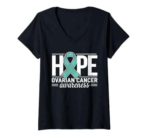 Damen Aufklärungsmonat für Eierstockkrebs, Teal Ribbon Hope T-Shirt mit V-Ausschnitt von Support Ovarian Cancer Awareness Month