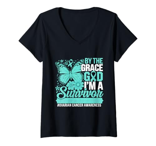 Damen Blaugrünes Band zur Sensibilisierung für Eierstockkrebs Ich Bin EIN Überlebender T-Shirt mit V-Ausschnitt Damen Blaugrünes Band zur Sensibilisierung für Eierstockkrebs Ich Bin EIN Überlebender T-Shirt mit V-Ausschnitt von Support Ovarian Cancer Awareness Month