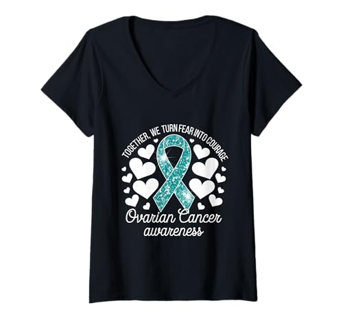 Damen Blaugrünes Band zur Sensibilisierung für Eierstockkrebs Macht aus Angst Mut T-Shirt mit V-Ausschnitt Damen Blaugrünes Band zur Sensibilisierung für Eierstockkrebs Macht aus Angst Mut T-Shirt mit V-Ausschnitt von Support Ovarian Cancer Awareness Month