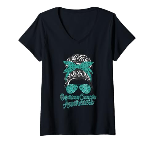 Damen Ovarian Cancer Awareness Woman Kopftuch Blaugrün Band T-Shirt mit V-Ausschnitt Damen Ovarian Cancer Awareness Woman Kopftuch Blaugrün Band T-Shirt mit V-Ausschnitt von Support Ovarian Cancer Awareness Month