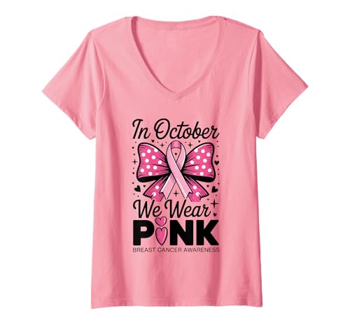 Damen Im Oktober tragen wir rosa Awareness Bow Ribbon Frauen T-Shirt mit V-Ausschnitt Damen Im Oktober tragen wir rosa Awareness Bow Ribbon Frauen T-Shirt mit V-Ausschnitt von Support Pink Ribbon Breast Cancer Awareness
