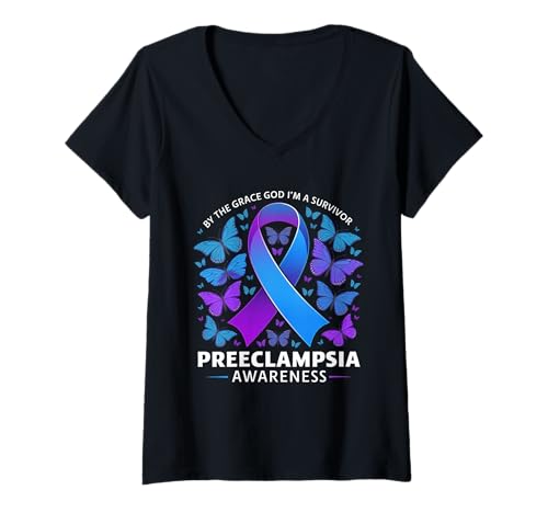 Damen Präeklampsia Awareness lila und blaues Band T-Shirt mit V-Ausschnitt Damen Präeklampsia Awareness lila und blaues Band T-Shirt mit V-Ausschnitt von Support Preeclampsia Awareness Month