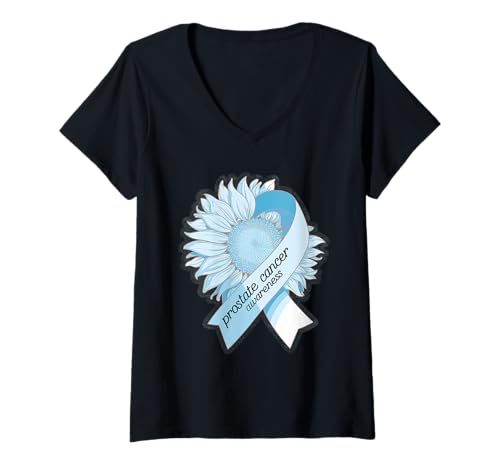 Damen Hellblaues Band Sonnenblume Prostatakrebs Bewusstseinsmonat T-Shirt mit V-Ausschnitt Damen Hellblaues Band Sonnenblume Prostatakrebs Bewusstseinsmonat T-Shirt mit V-Ausschnitt von Support Prostate Cancer Awareness Month