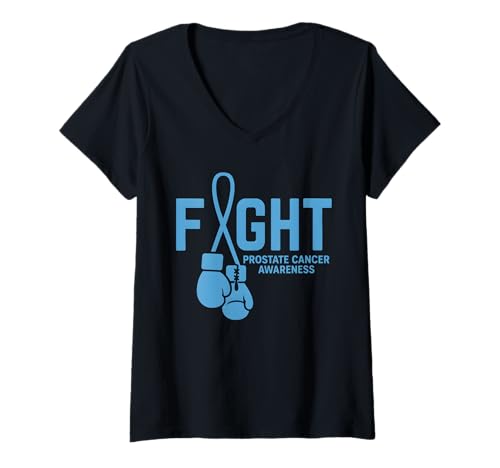 Damen Blaues Band für Prostatakrebs-Bewusstseinsüberlebender Fighter T-Shirt mit V-Ausschnitt Damen Blaues Band für Prostatakrebs-Bewusstseinsüberlebender Fighter T-Shirt mit V-Ausschnitt von Support Prostate Cancer Light Blue Ribbon Apparel