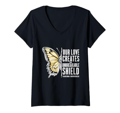 Damen Sarkoma-Bewusstsein unzerbrechlicher Schild, gelbe Schleife Schmetterling T-Shirt mit V-Ausschnitt Damen Sarkoma-Bewusstsein unzerbrechlicher Schild, gelbe Schleife Schmetterling T-Shirt mit V-Ausschnitt von Support Sarcoma Cancer Awareness Month