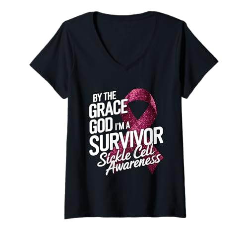 Damen Sichelzellen-Awareness Month Burgunderfarbenes Band Ich Bin EIN Survivor T-Shirt mit V-Ausschnitt Damen Sichelzellen-Awareness Month Burgunderfarbenes Band Ich Bin EIN Survivor T-Shirt mit V-Ausschnitt von Support Sickle Cell Awareness Month