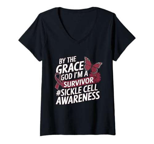 Damen Sichelzellen-Bewusstsein Anämie Grace God I'm A Survivor T-Shirt mit V-Ausschnitt Damen Sichelzellen-Bewusstsein Anämie Grace God I'm A Survivor T-Shirt mit V-Ausschnitt von Support Sickle Cell Awareness Month
