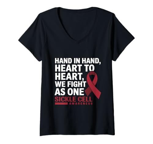 Damen Sichelzellen-Bewusstsein Burgunderrotes Band Hand in Hand Anämie T-Shirt mit V-Ausschnitt Damen Sichelzellen-Bewusstsein Burgunderrotes Band Hand in Hand Anämie T-Shirt mit V-Ausschnitt von Support Sickle Cell Awareness Month