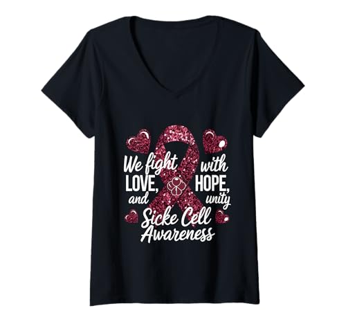 Damen Sichelzellen-Bewusstsein Burgunderrotes Band Love Hope Unity T-Shirt mit V-Ausschnitt Damen Sichelzellen-Bewusstsein Burgunderrotes Band Love Hope Unity T-Shirt mit V-Ausschnitt von Support Sickle Cell Awareness Month