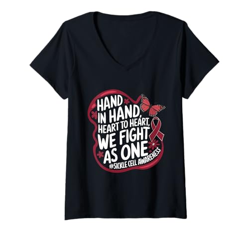 Damen Sichelzellen-Bewusstsein Hand in Hand Burgunderrot Band Anämie T-Shirt mit V-Ausschnitt Damen Sichelzellen-Bewusstsein Hand in Hand Burgunderrot Band Anämie T-Shirt mit V-Ausschnitt von Support Sickle Cell Awareness Month