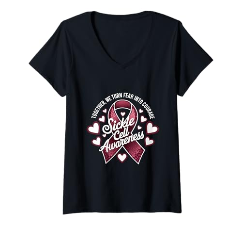 Damen Sichelzellen-Bewusstseinsband, Burgunderrot, Fear to Courage T-Shirt mit V-Ausschnitt Damen Sichelzellen-Bewusstseinsband, Burgunderrot, Fear to Courage T-Shirt mit V-Ausschnitt von Support Sickle Cell Awareness Month
